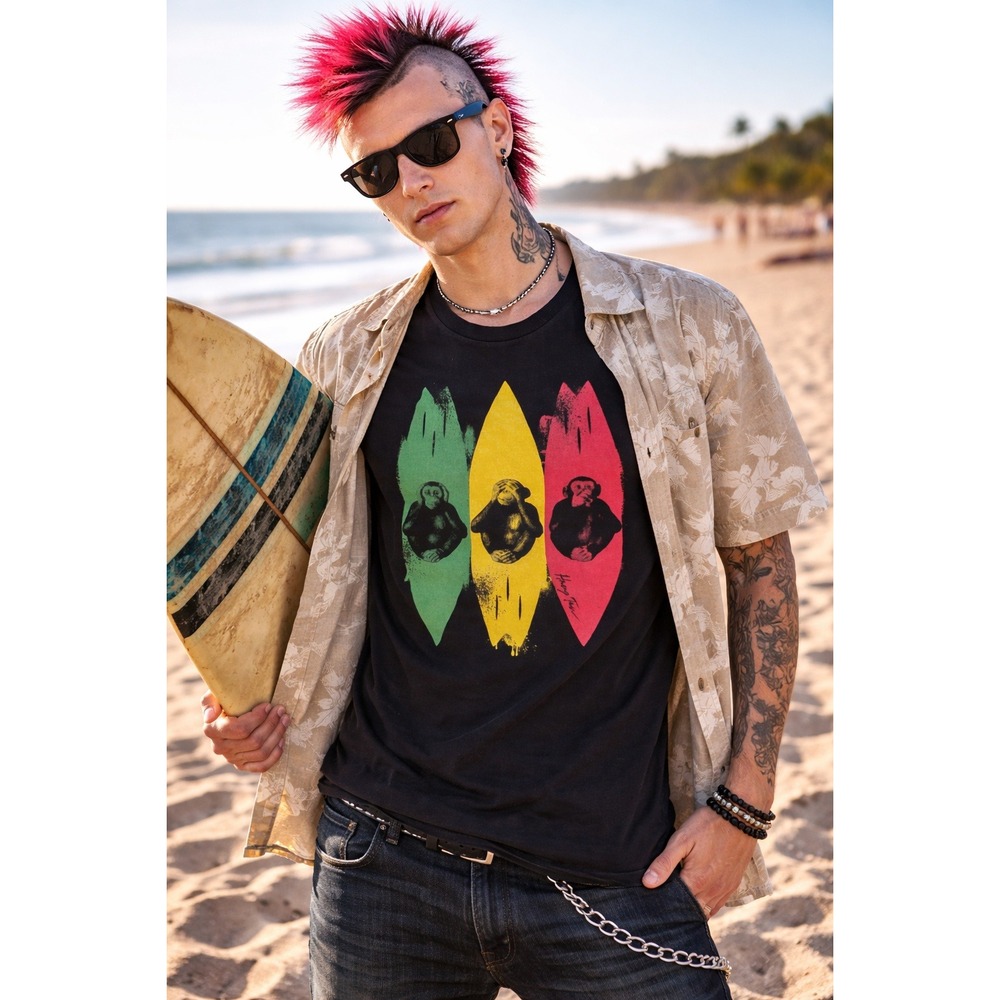 Rasta Surfboard Monkey black Graphic T-Shirt men's Large beach vibes Y2K grunge